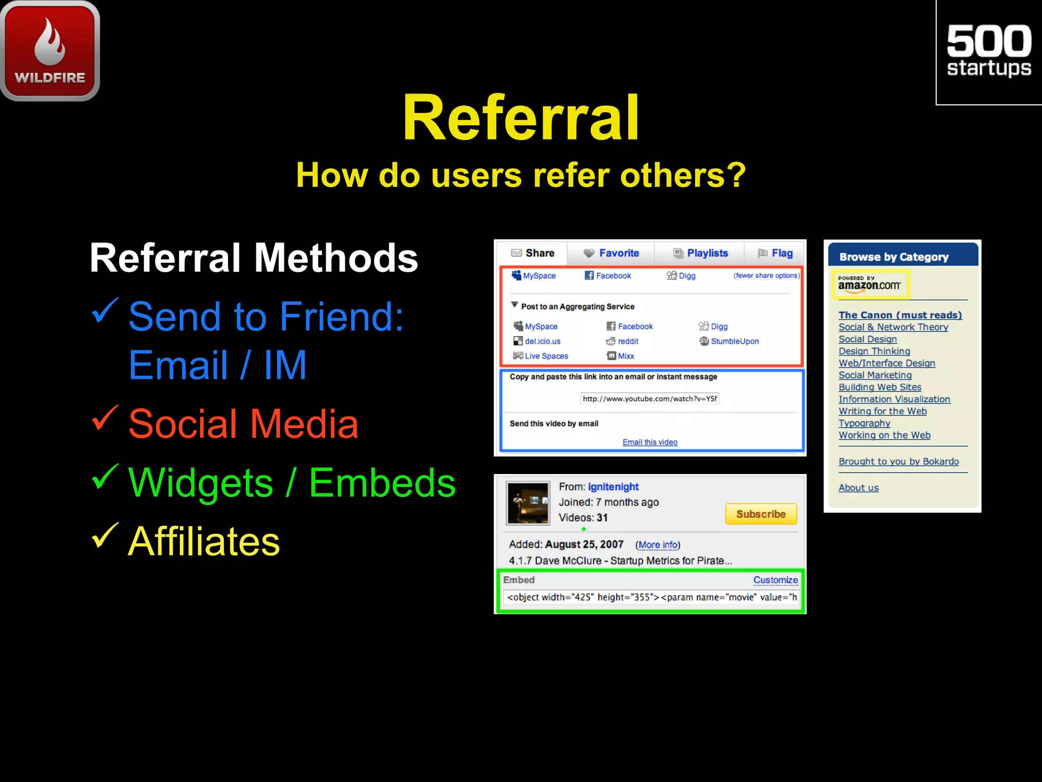 Referral
          How do users refer others?

Referral Methods
 Send to Friend:
  Email / IM
 Social Media
 Widgets / Embeds
 Affiliates
 
