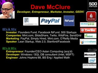 Dave McClure
           Developer, Entrepreneur, Marketer, Investor, GEEK!




00’s & 10’s:
• Investor: Founders Fund, Fac...