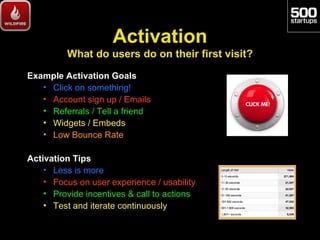 Activation
         What do users do on their first visit?

Example Activation Goals
   • Click on something!
   • Account...