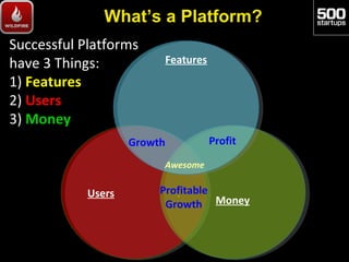 What’s a Platform?
Successful Platforms
have 3 Things:               Features
1) Features
2) Users
3) Money
              ...