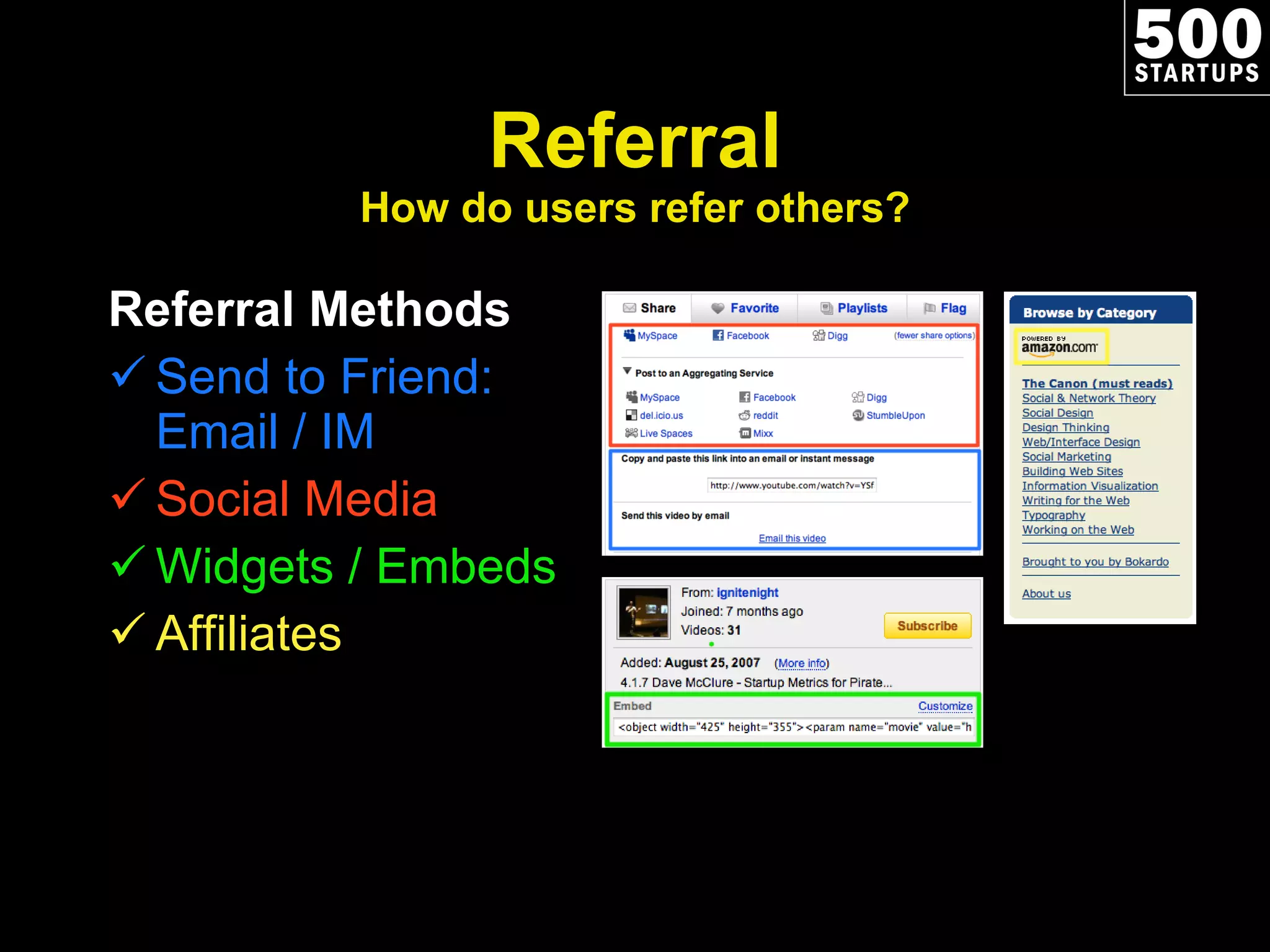 Referral How do users refer others? Referral Methods Send to Friend: Email / IM Social Media Widgets / Embeds Affiliates 