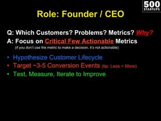 Role: Founder / CEO <ul><li>Q: Which Customers? Problems? Metrics?  Why ? </li></ul><ul><li>A: Focus on  Critical Few Acti...