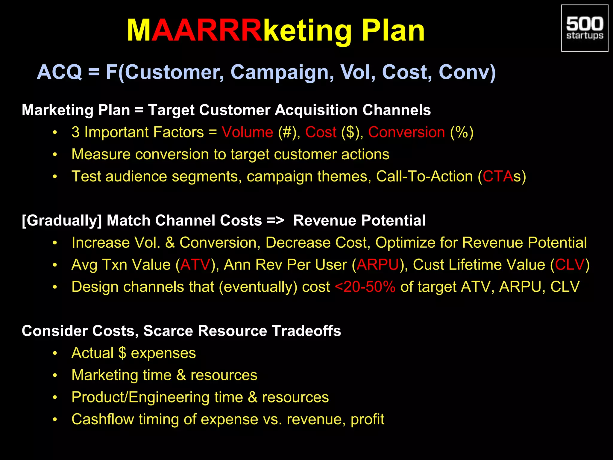 MAARRRketing Plan
Marketing Plan = Target Customer Acquisition Channels
• 3 Important Factors = Volume (#), Cost ($), Conversion (%)
• Measure conversion to target customer actions
• Test audience segments, campaign themes, Call-To-Action (CTAs)
[Gradually] Match Channel Costs => Revenue Potential
• Increase Vol. & Conversion, Decrease Cost, Optimize for Revenue Potential
• Avg Txn Value (ATV), Ann Rev Per User (ARPU), Cust Lifetime Value (CLV)
• Design channels that (eventually) cost <20-50% of target ATV, ARPU, CLV
Consider Costs, Scarce Resource Tradeoffs
• Actual $ expenses
• Marketing time & resources
• Product/Engineering time & resources
• Cashflow timing of expense vs. revenue, profit
ACQ = F(Customer, Campaign, Vol, Cost, Conv)
 