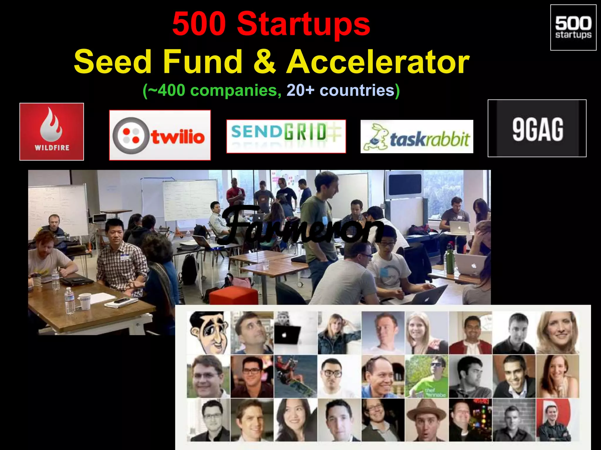 500 Startups
Seed Fund & Accelerator
(~400 companies, 20+ countries)
 
