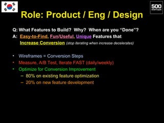 Role: Product / Eng / Design
Q: What Features to Build? Why? When are you “Done”?
A: Easy-to-Find, Fun/Useful, Unique Feat...