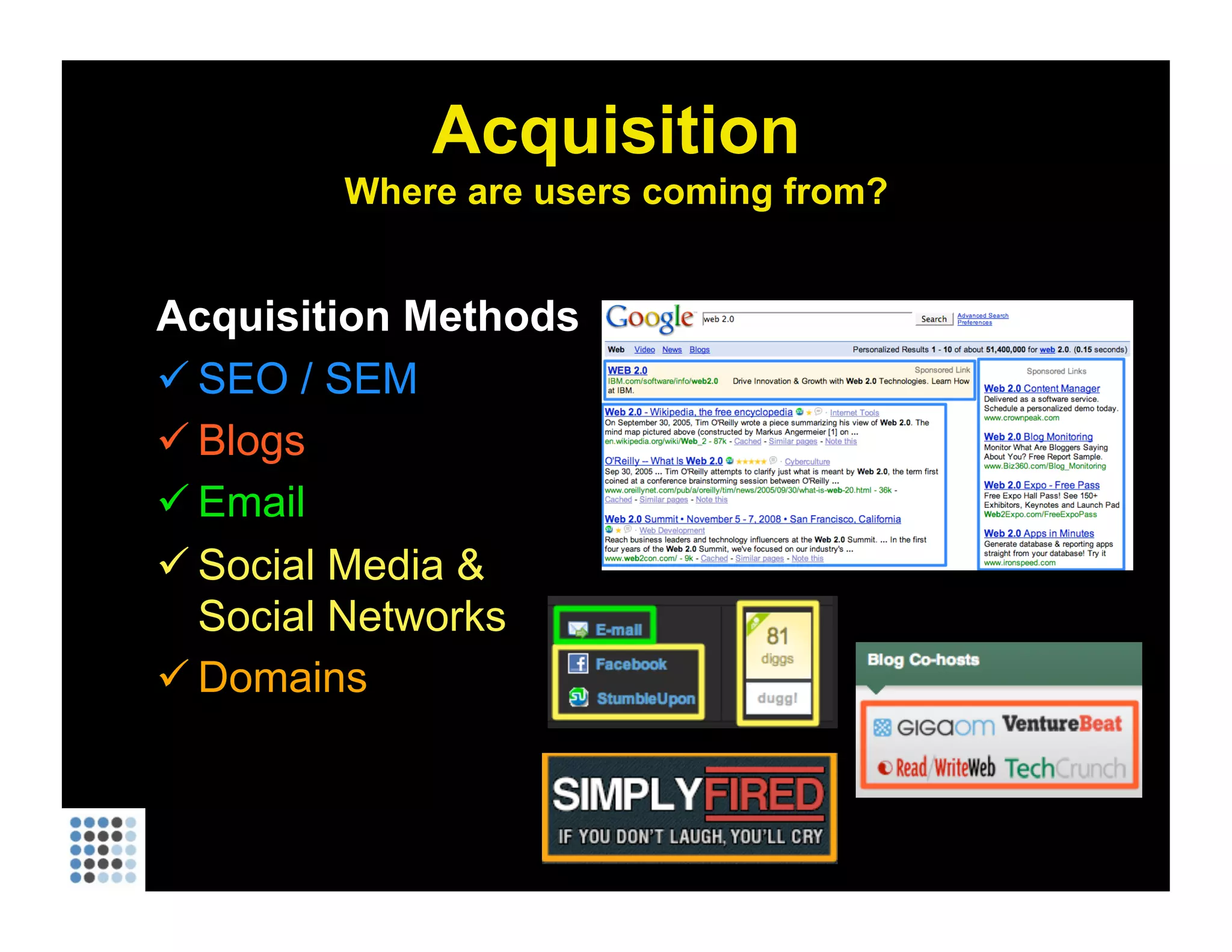 Acquisition Where are users coming from? Acquisition Methods SEO / SEM Blogs Email Social Media & Social Networks Domains 
