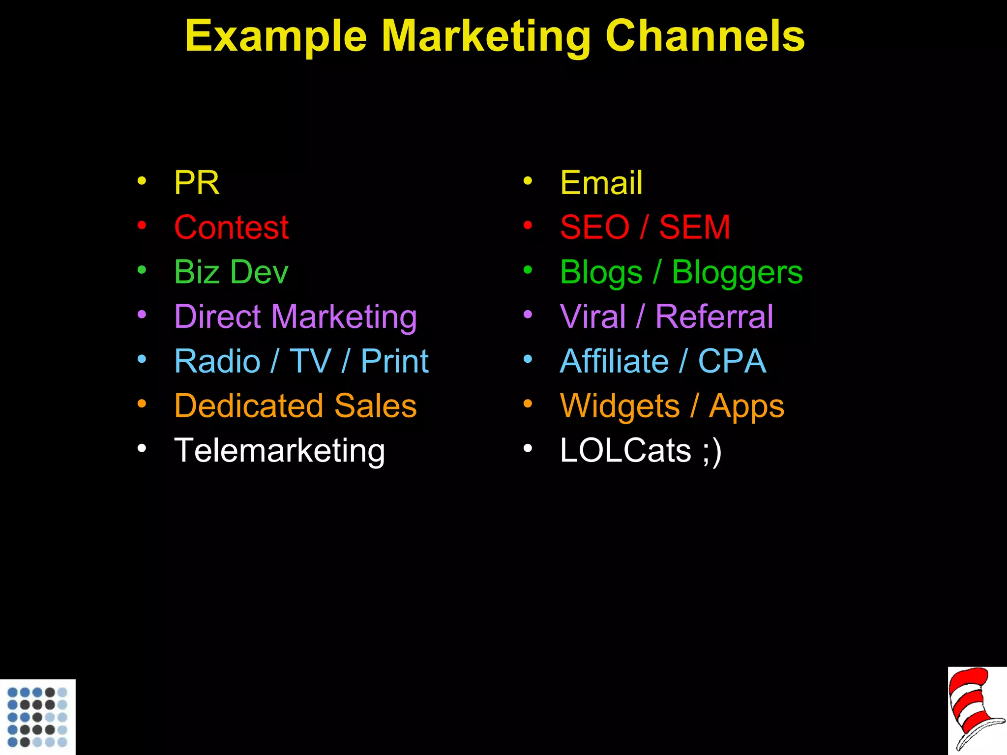 Example Marketing Channels PR Contest Biz Dev Direct Marketing Radio / TV / Print Dedicated Sales Telemarketing Email SEO / SEM Blogs / Bloggers Viral / Referral Affiliate / CPA Widgets / Apps LOLCats ;) 