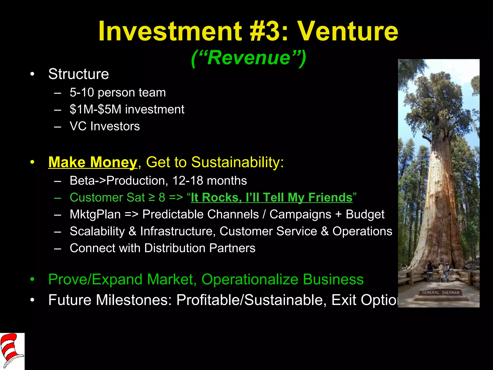 Investment #3: Venture (“Revenue”) Structure 5-10 person team $1M-$5M investment VC Investors Make Money , Get to Sustainability: Beta->Production, 12-18 months Customer Sat ≥ 8 => “ It Rocks, I’ll Tell My Friends ” MktgPlan => Predictable Channels / Campaigns + Budget Scalability & Infrastructure, Customer Service & Operations Connect with Distribution Partners Prove/Expand Market, Operationalize Business Future Milestones: Profitable/Sustainable , Exit Options 