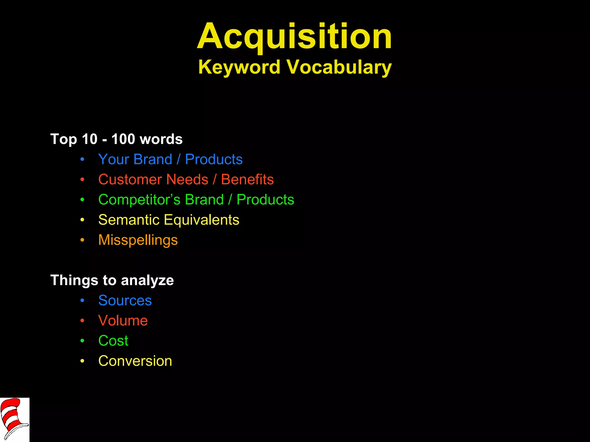 Acquisition Keyword Vocabulary Top 10 - 100 words Your Brand / Products Customer Needs / Benefits Competitor’s Brand / Products Semantic Equivalents Misspellings Things to analyze Sources Volume Cost Conversion 