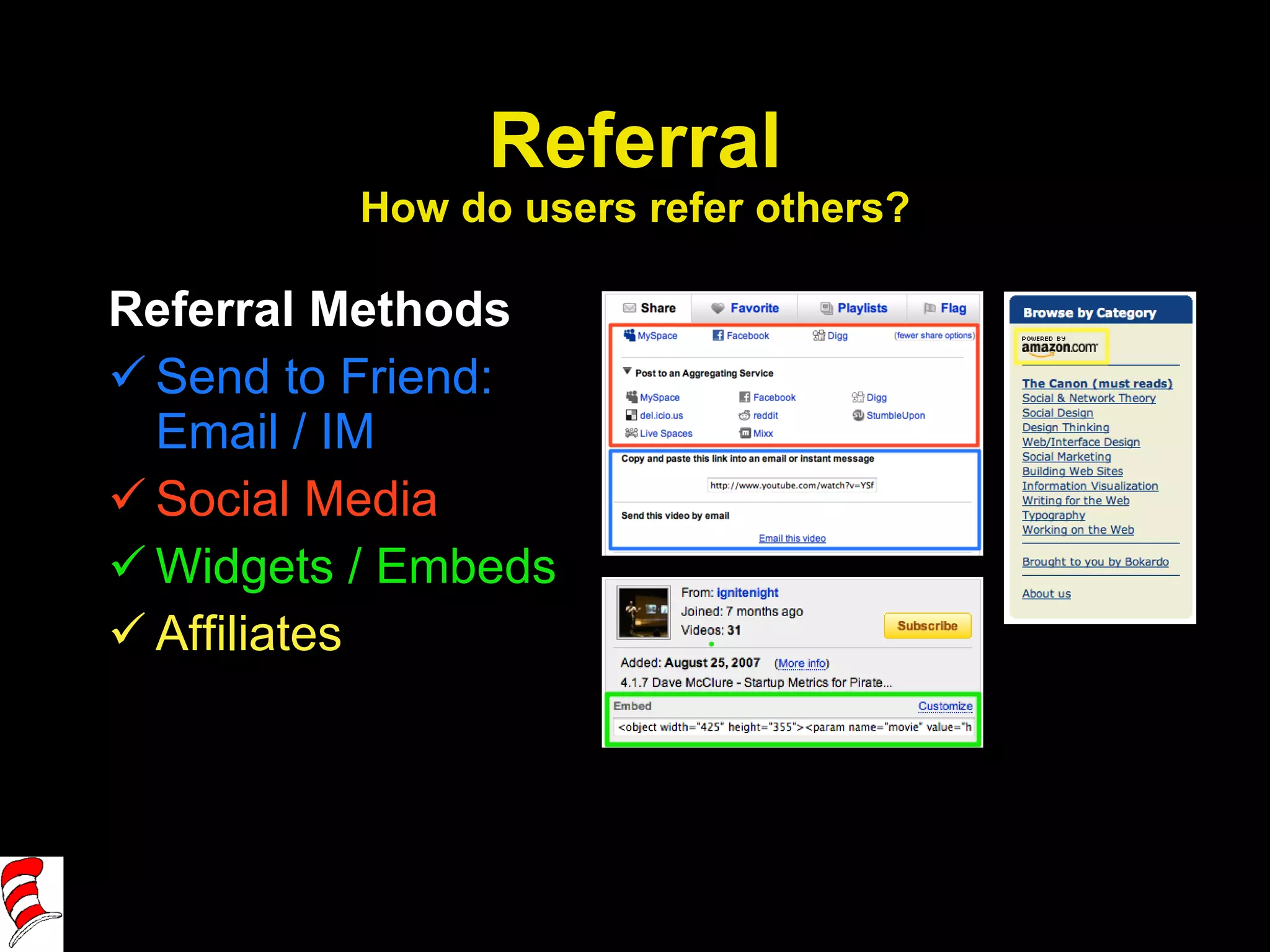 Referral How do users refer others? Referral Methods Send to Friend: Email / IM Social Media Widgets / Embeds Affiliates 