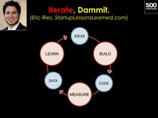 Iterate, Dammit.
(Eric Ries, StartupLessonsLearned.com)


                 IDEAS




     LEARN                BUILD




       DATA
                          CODE


               MEASURE
 