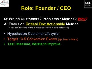 Role: Founder / CEO
Q: Which Customers? Problems? Metrics? Why?
A: Focus on Critical Few Actionable Metrics
   (if you don’t use the metric to make a decision, it’s not actionable)


•  Hypothesize Customer Lifecycle
•  Target ~3-5 Conversion Events (tip: Less = More)
•  Test, Measure, Iterate to Improve
 