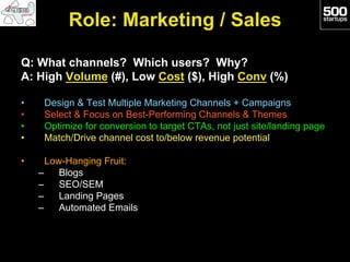 Role: Marketing / Sales

Q: What channels? Which users? Why?
A: High Volume (#), Low Cost ($), High Conv (%)

•     Design & Test Multiple Marketing Channels + Campaigns
•     Select & Focus on Best-Performing Channels & Themes
•     Optimize for conversion to target CTAs, not just site/landing page
•     Match/Drive channel cost to/below revenue potential

•     Low-Hanging Fruit:
     –  Blogs
     –  SEO/SEM
     –  Landing Pages
     –  Automated Emails
 