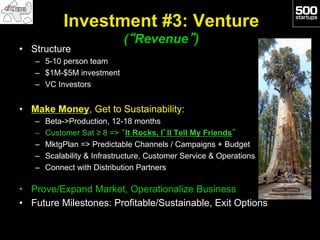 Investment #3: Venture
                              (“Revenue”)
•  Structure
   –  5-10 person team
   –  $1M-$5M investment
   –  VC Investors


•  Make Money, Get to Sustainability:
   –    Beta->Production, 12-18 months
   –    Customer Sat ≥ 8 => “It Rocks, I’ll Tell My Friends”
   –    MktgPlan => Predictable Channels / Campaigns + Budget
   –    Scalability & Infrastructure, Customer Service & Operations
   –    Connect with Distribution Partners

•  Prove/Expand Market, Operationalize Business
•  Future Milestones: Profitable/Sustainable, Exit Options
 