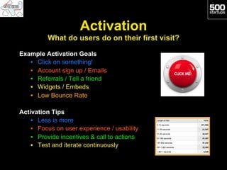 Activation
          What do users do on their first visit?

Example Activation Goals
   •  Click on something!
   •  Account sign up / Emails
   •  Referrals / Tell a friend
   •  Widgets / Embeds
   •  Low Bounce Rate

Activation Tips
    •  Less is more
    •  Focus on user experience / usability
    •  Provide incentives & call to actions
    •  Test and iterate continuously
 