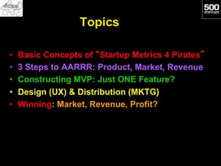Topics

•    Basic Concepts of “Startup Metrics 4 Pirates”
•    3 Steps to AARRR: Product, Market, Revenue
•    Constructing MVP: Just ONE Feature?
•    Design (UX) & Distribution (MKTG)
•    Winning: Market, Revenue, Profit?
 