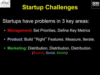 Startup Challenges

Startups have problems in 3 key areas:
•  Management: Set Priorities, Define Key Metrics

•  Product: ...