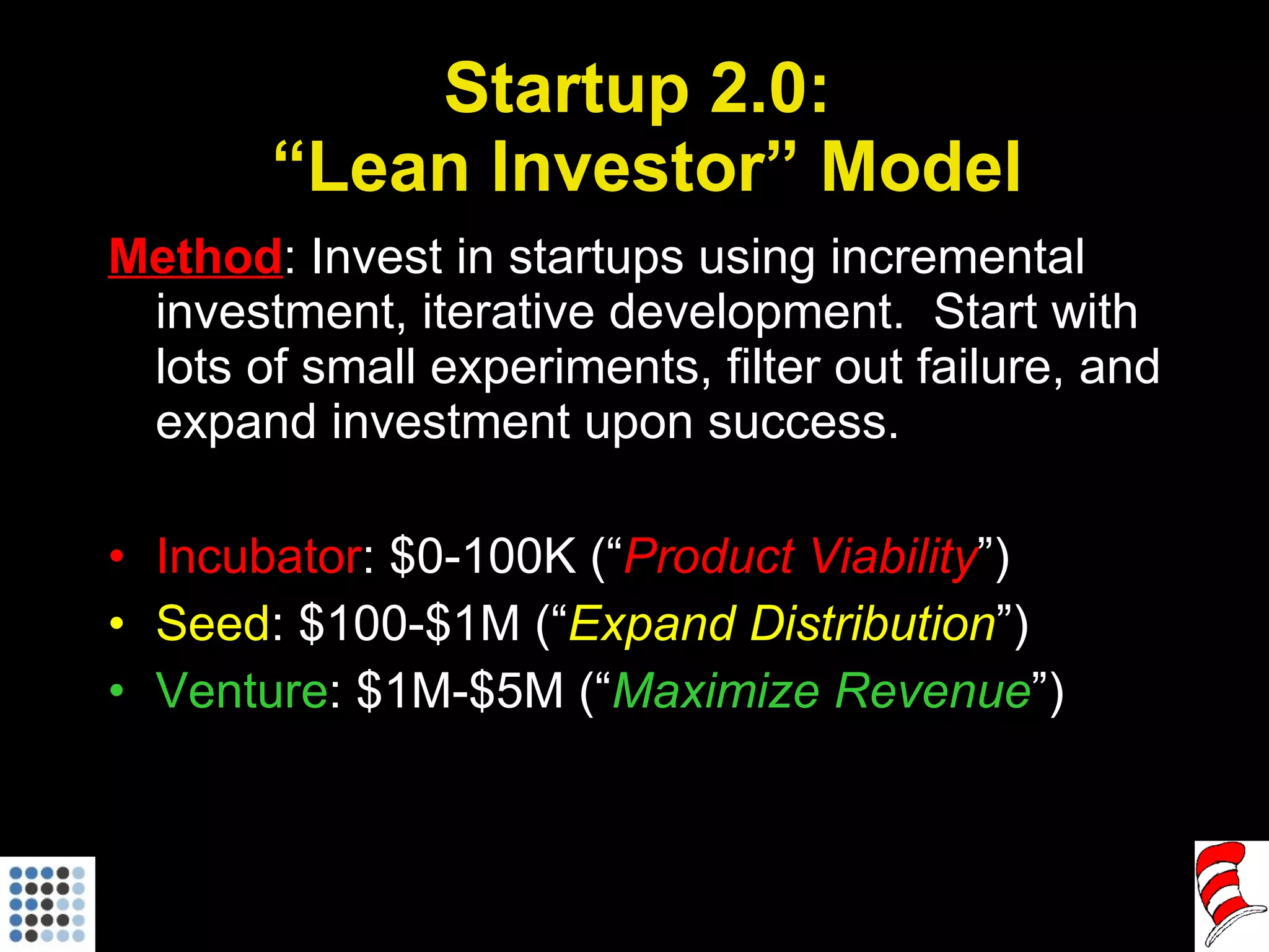 Startup 2.0:  “Lean Investor” Model Method : Invest in startups using incremental investment, iterative development.  Start with lots of small experiments, filter out failure, and expand investment upon success. Incubator : $0-100K (“ Product Viability ”) Seed : $100-$1M (“ Expand Distribution ”) Venture : $1M-$5M (“ Maximize Revenue ”) 