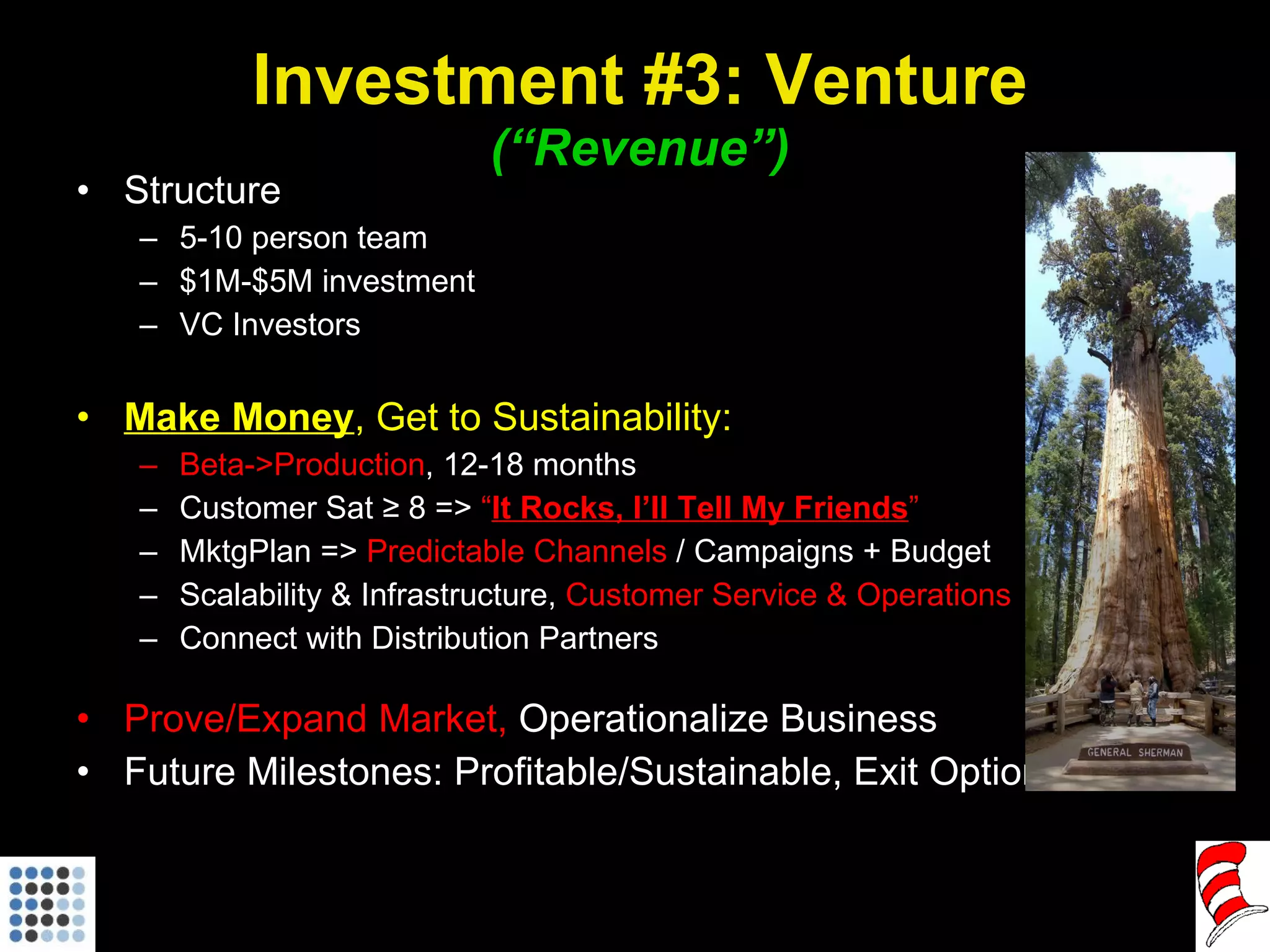 Investment #3: Venture (“Revenue”) Structure 5-10 person team $1M-$5M investment VC Investors Make Money , Get to Sustainability: Beta->Production , 12-18 months Customer Sat ≥ 8 =>  “ It Rocks, I’ll Tell My Friends ” MktgPlan =>  Predictable Channels  / Campaigns + Budget Scalability & Infrastructure,  Customer Service & Operations Connect with Distribution Partners Prove/Expand Market,  Operationalize Business Future Milestones: Profitable/Sustainable, Exit Options 