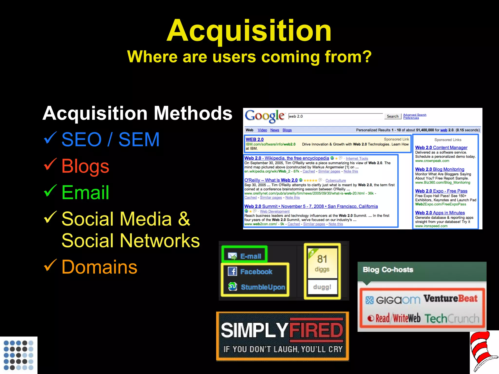 Acquisition Where are users coming from? Acquisition Methods SEO / SEM Blogs Email Social Media & Social Networks Domains 