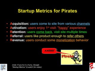 Startup Metrics for Pirates <ul><li>A cquisition:   users come to site from various  channels </li></ul><ul><li>A ctivatio...