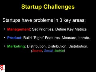 Startup Challenges <ul><li>Startups have problems in 3 key areas: </li></ul><ul><ul><li>Management : Set Priorities, Defin...