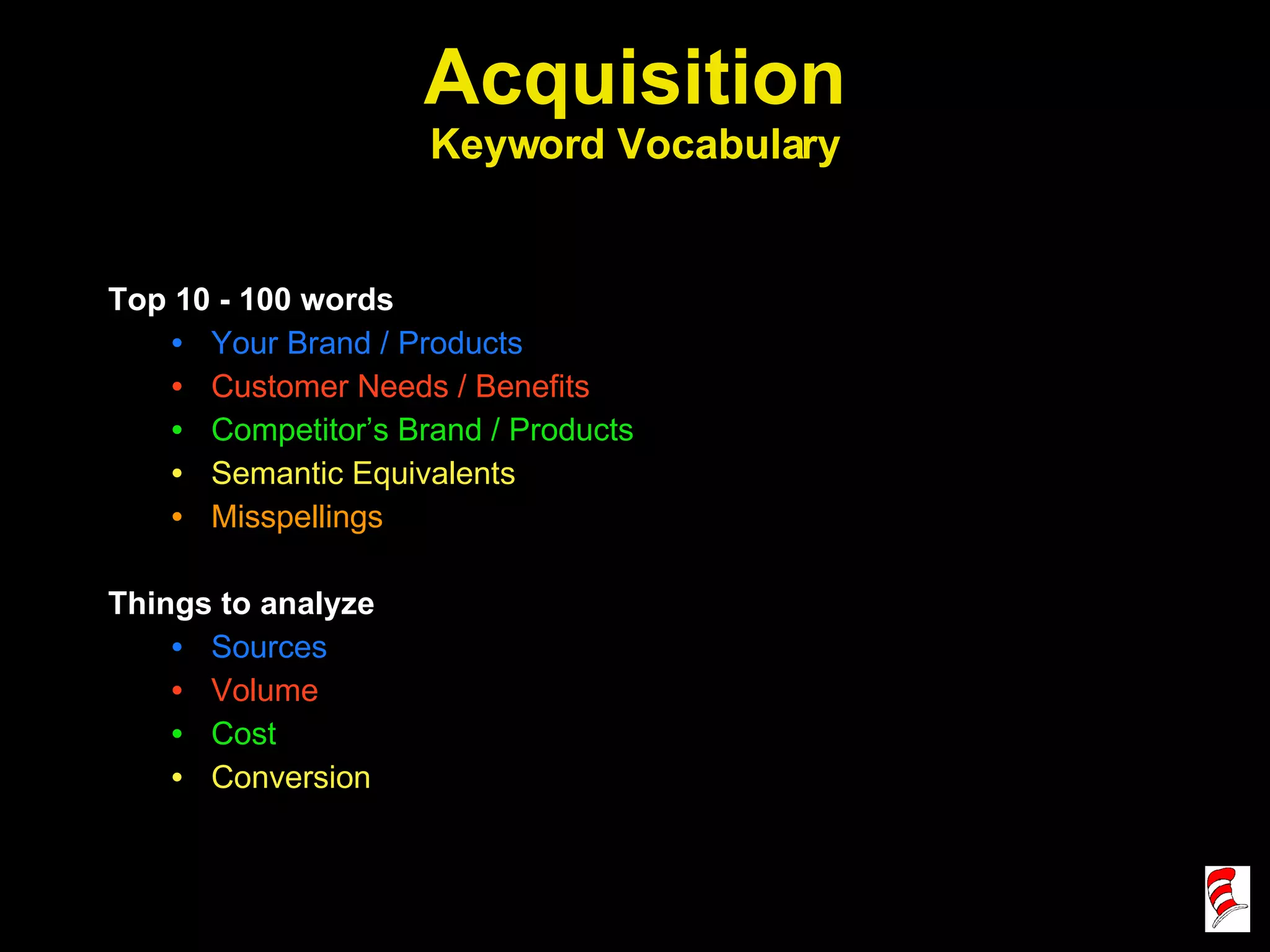 Acquisition Keyword Vocabulary Top 10 - 100 words Your Brand / Products Customer Needs / Benefits Competitor’s Brand / Products Semantic Equivalents Misspellings Things to analyze Sources Volume Cost Conversion 