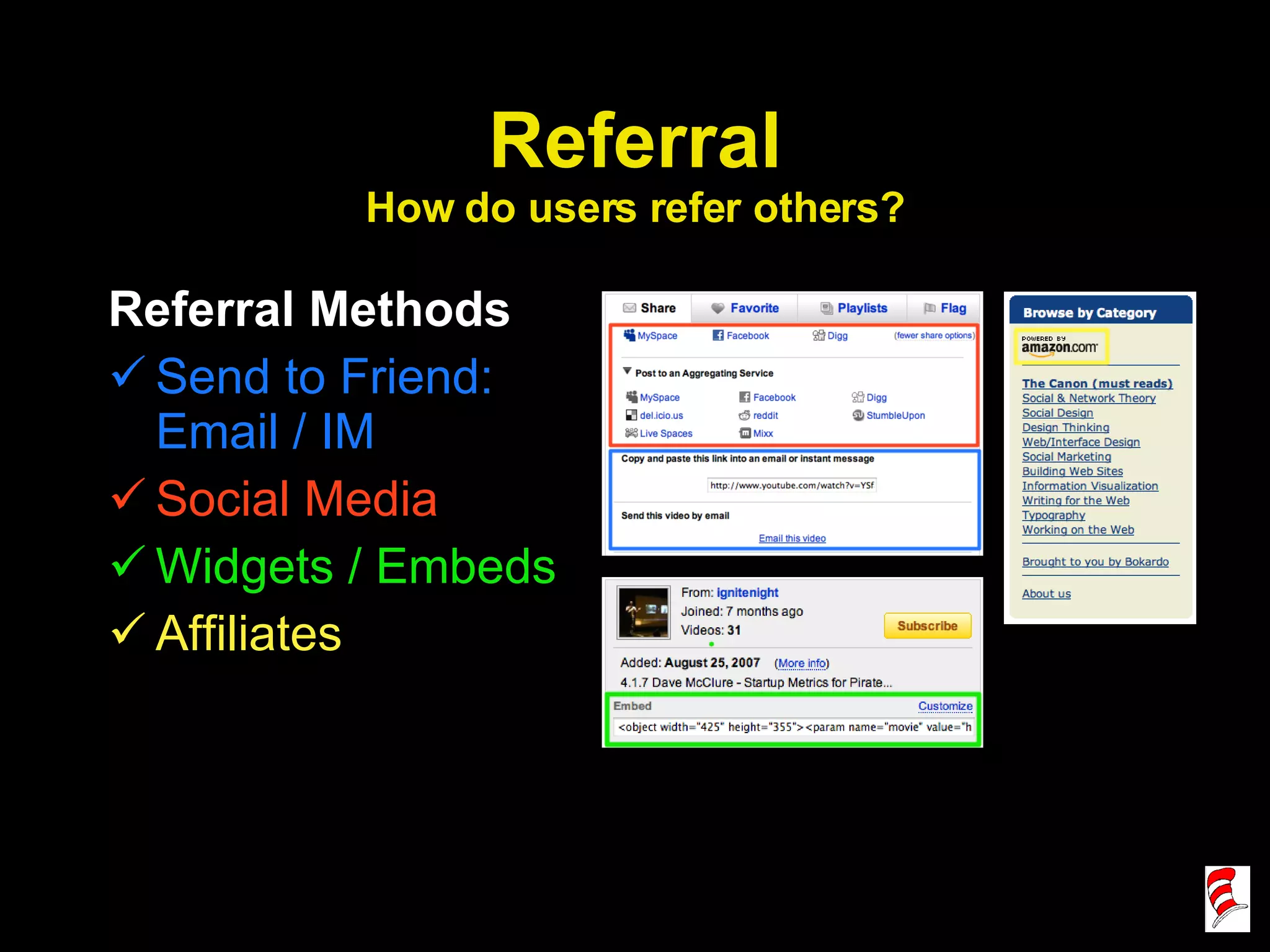 Referral How do users refer others? Referral Methods Send to Friend: Email / IM Social Media Widgets / Embeds Affiliates 