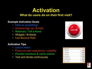 Activation What do users do on their first visit? Example Activation Goals Click on something! Account sign up / Emails Referrals / Tell a friend Widgets / Embeds Low Bounce Rate Activation Tips Less is more Focus on user experience / usability Provide incentives & call to actions Test and iterate continuously 