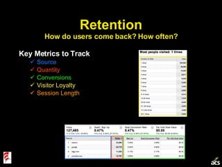 Retention How do users come back? How often? <ul><li>Key Metrics to Track </li></ul><ul><ul><li>Source </li></ul></ul><ul>...