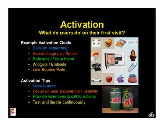 Activation
          What do users do on their first visit?

Example Activation Goals
   •  Click on something!
   •  Acco...