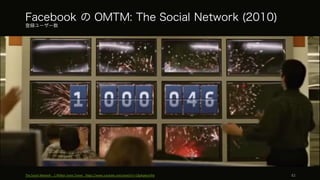 登録ユーザー数
The	
  Social	
  Network	
   -­‐ 1	
  Million	
  Users	
  Scene:	
  	
  https://www.youtube.com/watch?v=1XpApdazePw 62
Facebook の OMTM: The Social Network (2010)
 