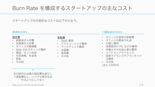 Burn Rate を把握することで、スタートアップの残り余命が分かる。
http://techcrunch.com/2015/04/05/burn-rate-doesnt-matter/ 114
Burn Rate を把握することでわかること
スタートアップの残りの余命
Burn Rate を算出することで、会社が後何ヶ月生き残
れるかが決まる。計算式は以下のとおり。
デフォルトで生きているのか、死んでいるのか
Net Burn Rate がまだ発生していて、月々銀行口座か
らお金が減っていれば、まだ「デフォルトで死んでい
る」状態である。
その状態で、グロースを望むかプロフィット（利益）
を望むかは市場環境を見つつ判断する必要がある。残り余命(月) =
銀行口座の残り残高
月々の	
   𝑁 𝑒𝑡	
   𝐵 𝑢𝑟𝑛	
   𝑅 𝑎𝑡𝑒
 