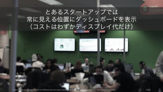 ダッシュボードは作るだけではダメで、いかにそれを広く伝えるかを考えることも大事。
163
ダッシュボードの使い方
見えるところに出す
専用の巨大ディスプレイに表示す
るところは多い。出来る限り自然
に見える場所に置く。
通知する
Slack などで画像ごと通知するな
ど、みんなが見ている場所を活用
する。
メールなど、無視される媒体で送
り続けても意味が無い事が多い。
手作業は極力含まない
極力ツールに任せっきりにするこ
と。メトリクスを綺麗にするため
だけに事業のスピードを落として
も意味が無い。
 