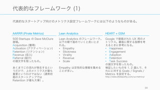 代表的なスタートアップ向けのメトリクス設定フレームワークには以下のようなものがある。
39
代表的なフレームワーク (1)
AARRR (Pirate Metrics)
500 Startups の Dave McClure
提唱。
Acquisition (獲得)
Activation (アクティベーション)
Retention (リテンション)
Revenue (収入)
Referral (紹介)
の頭文字を取ったもの。
あくまでこの流れが発生するとい
うだけで、上のメトリクスが最も
重要というわけではない（通常初
期のスタートアップでは
Retention が最も大事）。
Lean Analytics
Lean Analytics のフレームワーク。
以下の順で進めていくと良いとさ
れる。
• Empathy
• Stickiness
• Virality
• Revenue
• Scale
Empathy は定性的な情報を集める
ことが多い。
HEART + GSM
Google で提唱された UX 用のメ
トリクス。顧客に関する指標を考
えるときに参考になる。
• Happiness
• Engagement
• Adoption
• Retention
• Task Success
の頭文字を取ったもの。
検証したいものを 1, 2 選んで、そ
れにに対する Goals / Signals /
Metrics を設定する。
http://www.dtelepathy.com/ux-metrics/
 