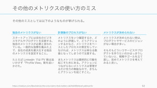 その他のミスとしては以下のようなものが挙げられる。
https://medium.com/@joshelman/the-only-metric-that-matters-ab24a585b5ea#.yq6mzzr9v 52
その他のメトリクスの使い方のミス
独自のメトリクスがない
スタートアップには自社のビジネ
スモデルやプロダクトを反映する、
独自のメトリクスが必要と言われ
ている。一般的な指標を鑑みた上
で、自社の成長を最大化する独自
のメトリクスを設定すること。
たとえば Linkedin では PV 数は追
いかけず「Profile View」数を追い
かけた。
計測後のプロセスがない
メトリクスをいつ確認するか、ど
のように評価して、どうアクショ
ンするかなど、メトリクスをベー
スとしたプロセスの策定をしてい
なければ、メトリクスは単なる数
値となってしまうので注意する。
またメトリクスは最終的に行動を
起こすためにある。アクションに
つながらないメトリクスは管理す
るだけ労力の無駄なので、きちん
とアクションを起こすこと。
メトリクスが決められない
メトリクスが決められない時は、
プロダクトやサービスのビジョン
がない場合が多い。
そもそもどういうサービスやプロ
ダクトを作りたいのかはっきりし
ていないと、戦略やゴールを立て
直し、改めてメトリクスを考えて
みると良い。
 