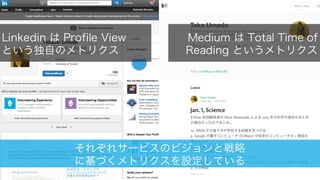 53
Linkedin は Profile View
という独自のメトリクス
Medium は Total Time of
Reading というメトリクス
それぞれサービスのビジョンと戦略
に基づくメトリクスを設定している
 