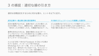適切な目標設定をするために何が必要か、ヒントを以下に記す。
64
3 の捕捉：適切な線の引き方
成功企業や一般企業に勝る設定基準を
成功の基準がなければ、結果が良かったのか悪かった
のかを判断しづらい。最悪なのは、結果が出た後に
「成功だったか失敗だったか」の議論が始まるケース。
基準を定めるためには、直接の競合となるスタート
アップのパフォーマンスを測定することは難しいので、
公開企業や情報公開をしている企業のパフォーマンス
をベンチマークすると良い。
たとえば SNS であれば Facebook の DAU が公開さ
れているほか、メッセージング系であれば、
WhatsApp のメッセージ数、チャット系であれば
Slack など、探せばいろいろ出てくる。そうしたトッ
ププレイヤーのパフォーマンスを一部の顧客セグメン
トにおいて抜けていれば良い成長が期待できる。
その後のコミュニケーションを意識した設定を
どんな結果が出てきたらどういう行動やコミュニケー
ションが起こるのかを想定しながら設定すると、ズル
や抜け漏れを減らすことができることが多い。
 