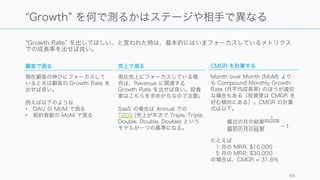 事業規模が大きくなってくるにつれて追うべき指標は増えてくる。多くのメトリクスはトレードオフ
（たとえばスピードと品質）があるので、そこに注意しながらメトリクスのバランスを取っていく。
65
メトリクスのバランス
ビジネスモデルの探索
OMTM
フォーカス
スタートアップの指標
会社の構築
BSC
トレードオフ
一般基準
初期 企業
 