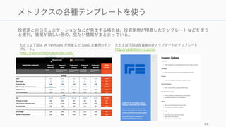 例えば Visible では左図のような
各種メトリクステンプレートの
セットが えられている。
• Marketing
• SaaS
• A16Z
• Amazon Alexa Fund
• Marketplace
• Hardware
• EC
• Digital Health
• Finance & Accounting
• SoftTech VC など
68
メトリクス管理用のツールを使う
 