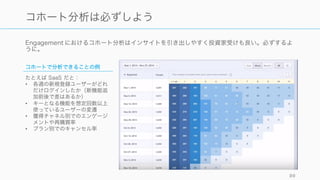 89
Mixpanel を使った Engagement の計測
かな行数で書ける
トラックコードを仕掛けることで
ユーザーごとの行動履歴を把握可能
→キーとなる機能をどれだけのユーザー
が使っているか、どういうチャネルで流
入してきたユーザーなのかなどを正確に
把握できる
Retention や Funnel の表示も可能
 