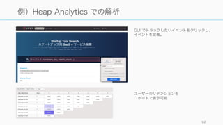 ユーザー獲得
それぞれのユーザーの行動を追いかけるながらメトリクスを設定するのが基本となる。以下では
Running Lean では。
Running Lean 92
Acquisition と Activation
Acquisition (特定チャネル)
ランディングページ
他のページ
価格ページ
トライアル
Activation
登録
追加手順
Key Activity
Acquisition (ユーザー獲得)
ランディングページからトライアル開始までの流れの
中でどれだけのユーザーが離れていくかを計測する。
Activation (アクティベーション)
登録からキーとなる活動にたどり着くまでの流れを計
測する。
 