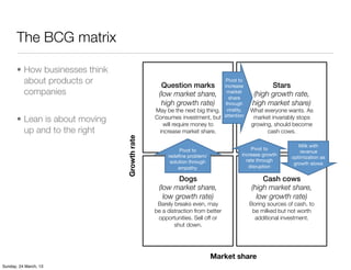 The BCG matrix

       • How businesses think
         about products or                       Question marks! increase 
 ...