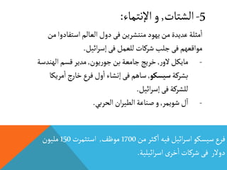 5-‫الشتات‬,‫اإلنتماء‬‫و‬:
‫من‬ ‫ثر‬‫ك‬
‫أ‬
‫ا‬‫فيه‬‫ائيل‬‫ر‬‫اس‬‫سيسكو‬‫فرع‬1700‫موظف‬,‫استثمرت‬150‫مليون‬
‫ائيلية‬‫ر‬‫اس‬‫ى‬‫خر‬
‫أ‬
‫ا‬‫شركات‬‫فى‬ ‫دوالر‬.
‫استفادو‬‫العالم‬ ‫دول‬‫فى‬‫منتشرين‬ ‫يهود‬‫من‬‫عديدة‬‫مثلة‬
‫أ‬
‫ا‬‫من‬‫ا‬
‫ائيل‬‫ر‬‫إس‬‫فى‬‫للعمل‬‫شركات‬‫جلب‬‫فى‬‫مواقعهم‬.
-‫ر‬‫الو‬‫مايكل‬,‫يون‬‫ر‬‫جو‬‫بن‬‫جامعة‬‫خريج‬,‫الهند‬‫قسم‬‫مدير‬‫سة‬
‫بشركة‬‫سيسكو‬,‫مريك‬
‫أ‬
‫ا‬‫ج‬‫ر‬‫خا‬‫فرع‬‫ول‬
‫أ‬
‫ا‬‫إنشاء‬‫فى‬‫ساهم‬‫ا‬
‫ائيل‬‫ر‬‫إس‬‫فى‬‫للشركة‬.
-‫شويمر‬‫ل‬‫ا‬,‫الحربي‬‫ان‬‫ر‬‫الطي‬‫صناعة‬‫و‬.
 