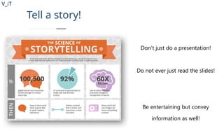 V_iT
.
Tell a story!
Don’t just do a presentation!
Do not ever just read the slides!
Be entertaining but convey
information as well!
 