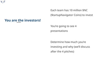 V_iT
.
You are the investors!
Each team has 10 million $NC
($tartupNavigator Coins) to invest
You’re going to see 4
presentations
Determine how much you’re
investing and why (we’ll discuss
after the 4 pitches)
 