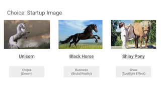 Choice: Startup Image
Unicorn Black Horse Shiny Pony
Utopia
(Dream)
Show
(Spotlight Effect)
Business
(Brutal Reality)
 
