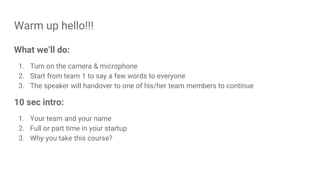 Warm up hello!!!
What we’ll do:
1. Turn on the camera & microphone
2. Start from team 1 to say a few words to everyone
3. The speaker will handover to one of his/her team members to continue
10 sec intro:
1. Your team and your name
2. Full or part time in your startup
3. Why you take this course?
 