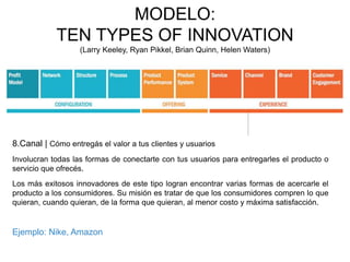 8.Canal | Cómo entregás el valor a tus clientes y usuarios 
Involucran todas las formas de conectarte con tus usuarios para entregarles el producto o 
servicio que ofrecés. 
Los más exitosos innovadores de este tipo logran encontrar varias formas de acercarle el 
producto a los consumidores. Su misión es tratar de que los consumidores compren lo que 
quieran, cuando quieran, de la forma que quieran, al menor costo y máxima satisfacción. 
Ejemplo: Nike, Amazon 
MODELO: 
TEN TYPES OF INNOVATION 
(Larry Keeley, Ryan Pikkel, Brian Quinn, Helen Waters) 
 
