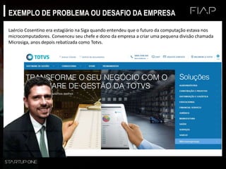 EXEMPLO DE PROBLEMA OU DESAFIO DA EMPRESA
Laércio Cosentino era estagiário na Siga quando entendeu que o futuro da computação estava nos
microcomputadores. Convenceu seu chefe e dono da empresa a criar uma pequena divisão chamada
Microsiga, anos depois rebatizada como Totvs.
 